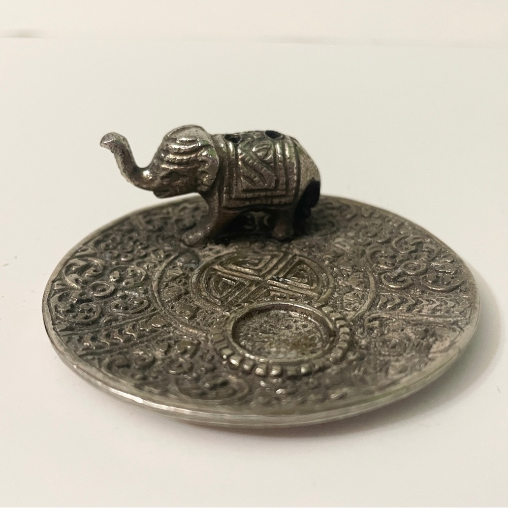 Vintage Ornate Metal Elephant Incense Holder Tray & Ash Catcher